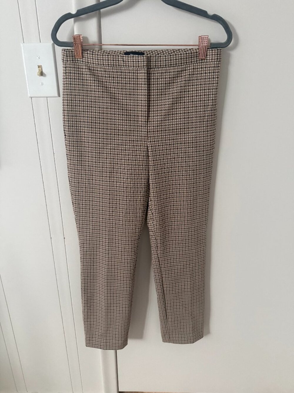 Theory Slim Fit Cropped Houndstooth Pants Brown Cream Size 4